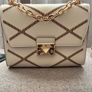 Michael Kors Beige and Brown Crossbody Bag with Gold Chain